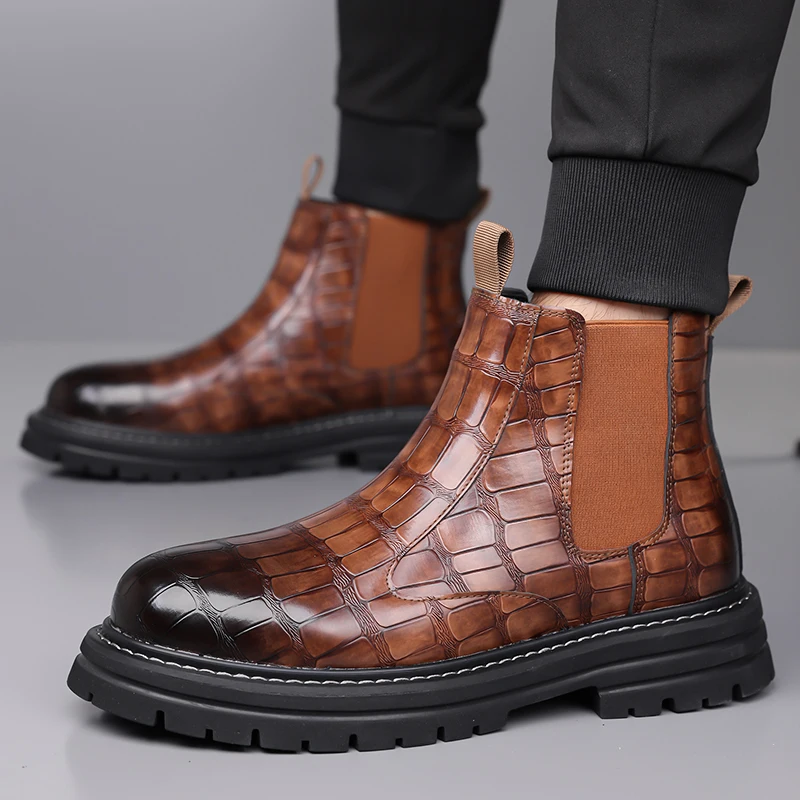 

Men High Top Boots PU Embossed Pattern Thick Sole Bare Boots Comfortable Classic Men Boots