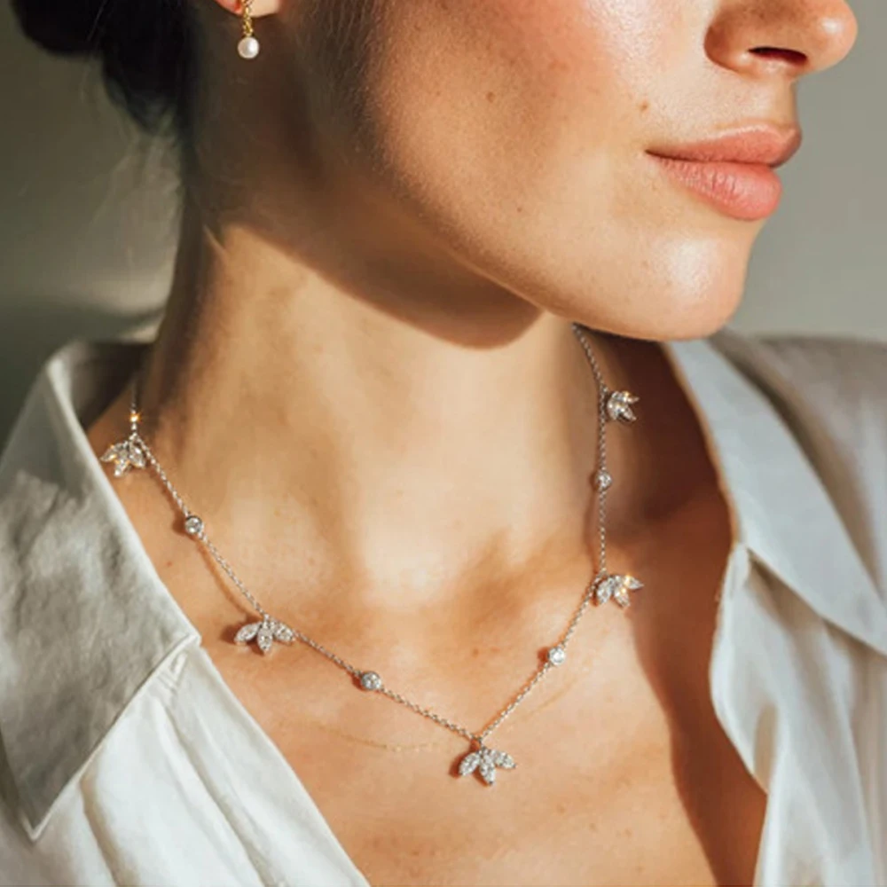 EWYA Lotus Marquise Cut 3‑Stone Full Moissanite Pendant Necklace for Women Men S925 Silver Maple Leaf Certified Neck Chain Gift view 2