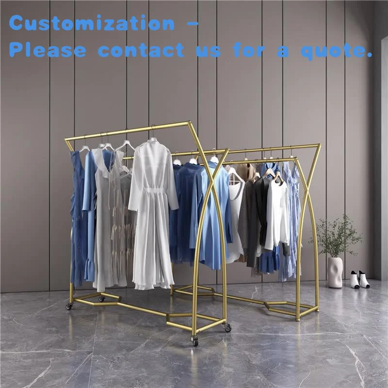 

custom.Kainice Fashion Double Rods Heavy Duty Clothes Rack Golden Clothing Hanger Display Stand Garment Racks with Wheels