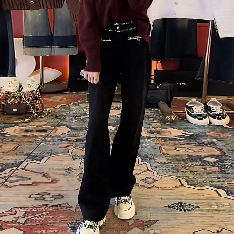 

New Fashion Metal Chain Long Pants Women Spring Autumn High Waist Casual Spring Autumn High End Black Straight Trousers