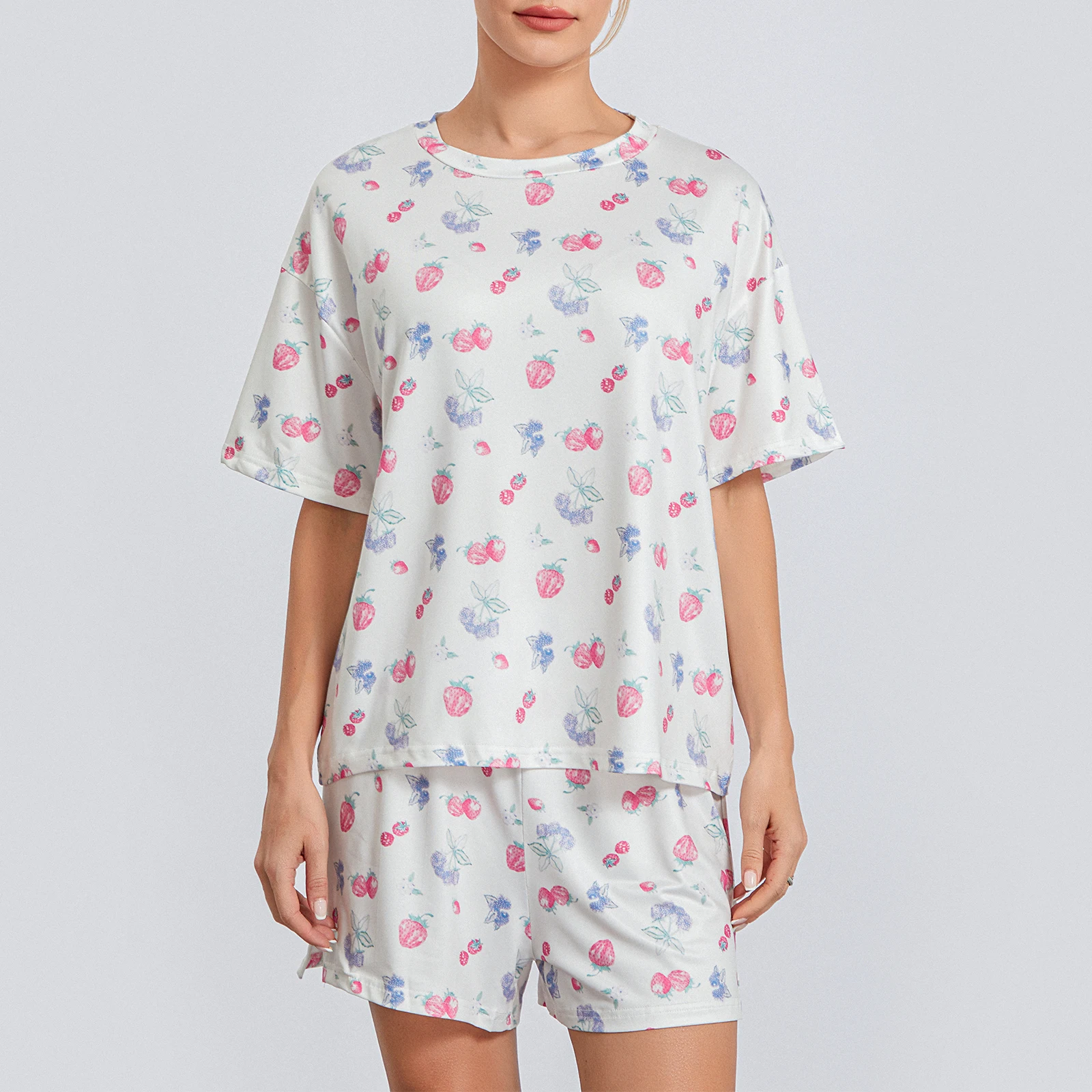 Women Pajamas Set Summer Strawberry Print Crew Neck Long Sleeve Loose Tops and Elastic Waist Pants 2 Pieces Loungewear Homewear