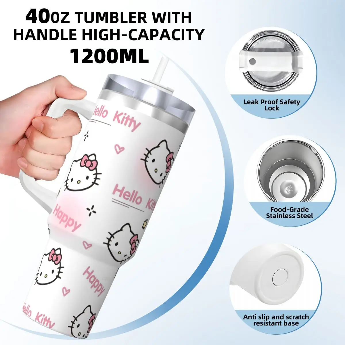 MINISO Hello Kitty Stainless Steel Tumbler Travel Thermal Cups With Straws and Lid 40oz Car Mugs Cold and Hot Water Bottle