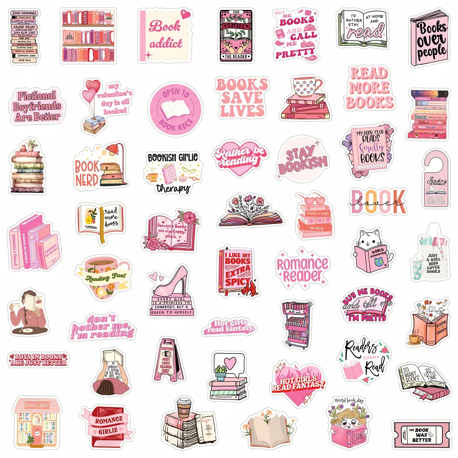 50Pcs Cute Pink Reading Bookish Cartoon Sticker DIY Phone Laptop Luggage Skateboard Graffiti Decals Fun for Gift