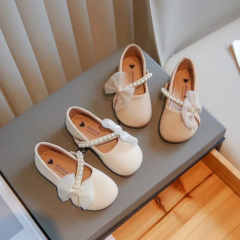 

New Girl Princess Leather Shoes Chic Versatile Soft Elegant Fashion Lace Bowknot Beading Kid Loafers Wedding Slip-on Mary Janes