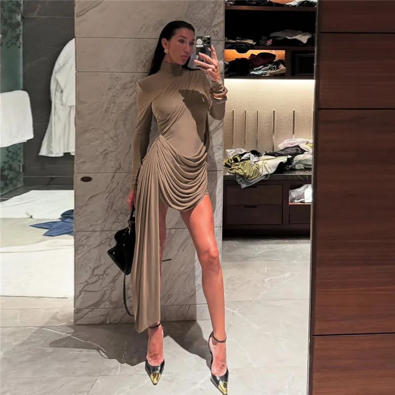 

Khaki Prom Dress High Neck Full Sleeves Sexy Short Mini Party Gown Beach Holiday Ruffles Formal Casual Birthday Evening Robe