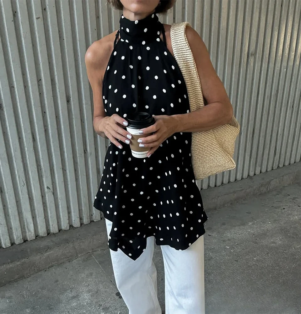 

KONDALA сексуальные женские черно-белые топы с лямкой на шее в горошек, топы без рукавов, новинка 2025, весна-лето, модные праздничные топы для пляжной вечеринки Mujer