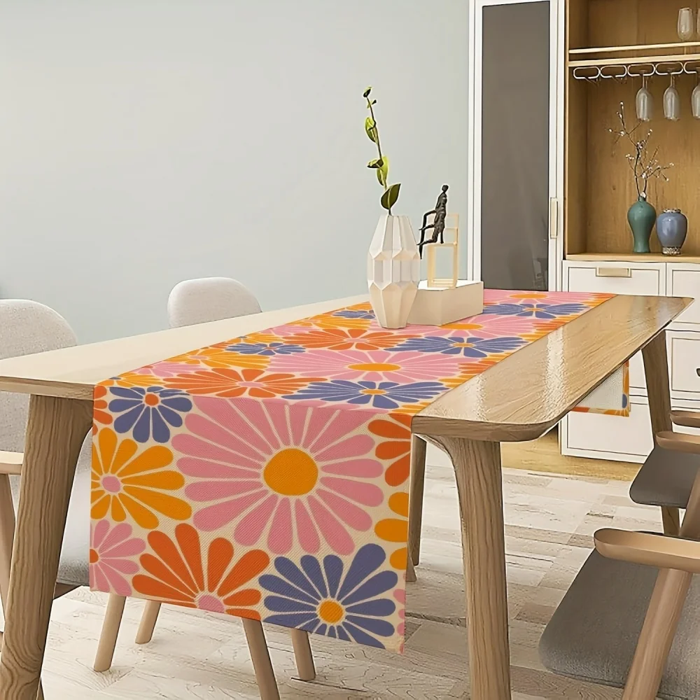 Hippie-Blumen-Tischläufer, 1970er-Jahre-Retro-Tischläufer mit orange-rosa-blauer Blume, Boho-groovige Gänseblümchen-Blumen, ästhetischer Druck