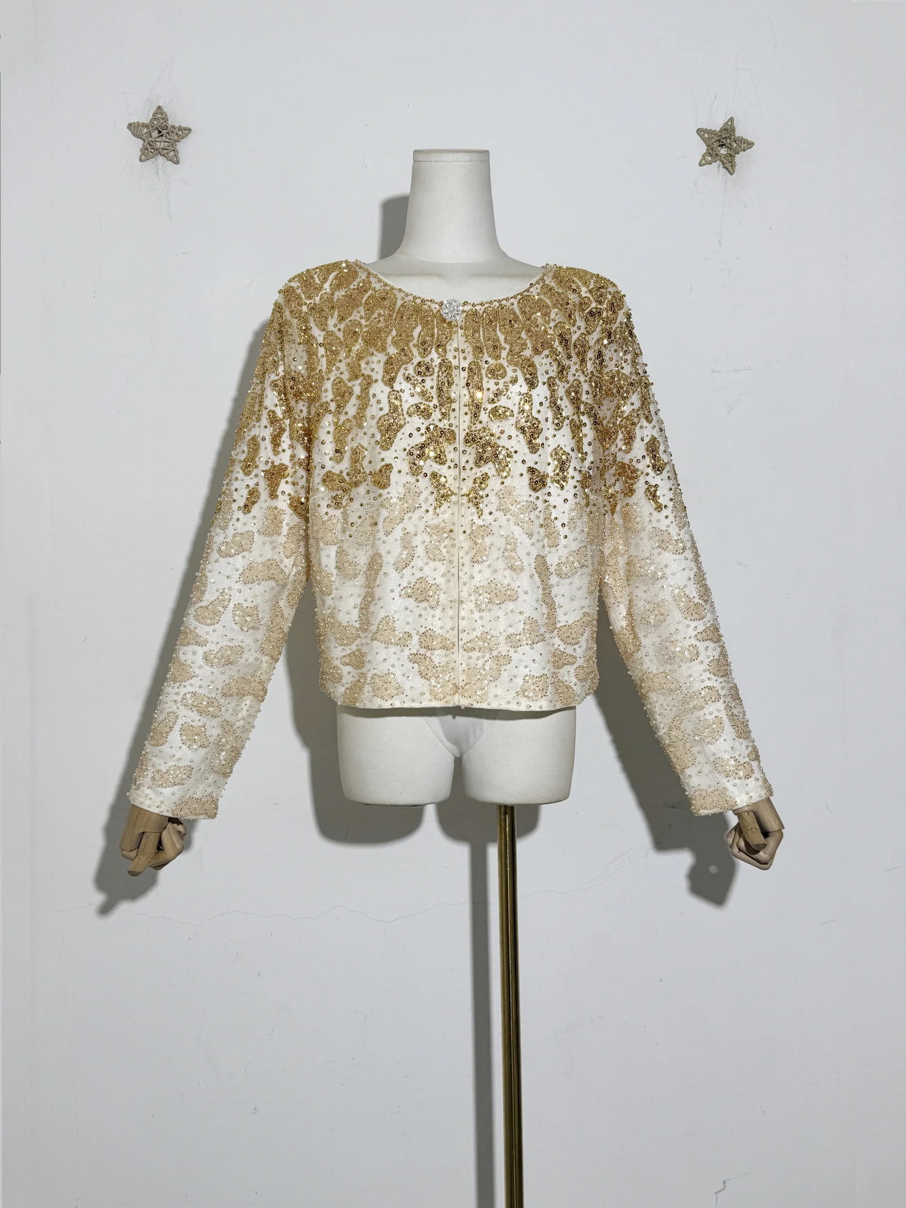 

Elegant Golden Sequin Embellished Wild Leopard Parttern Hearvy Embroidery Women New Beaded Jacket Caridgan Blouse Coat Shirt Top