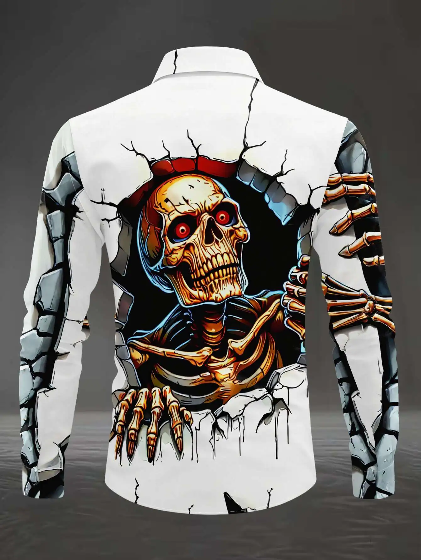 Men Gothic 3D Skeleton Breaking‑Wall Print Long Sleeve Shirt Lapel Collar Button‑Up Polyester Horror Party Blouse
