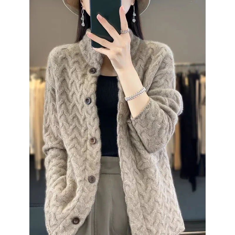 Women's Thickened Streak-up Stand-collar Top Loose Solid Color Long-sleeved Knitted Sweater Jacket