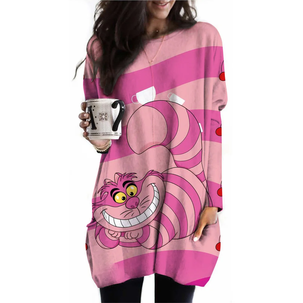 

Women's Spring and Autumn Disney Cheshire Cat Printed Loose Casual Round Neck Long Sleeve Plus Pocket Dress