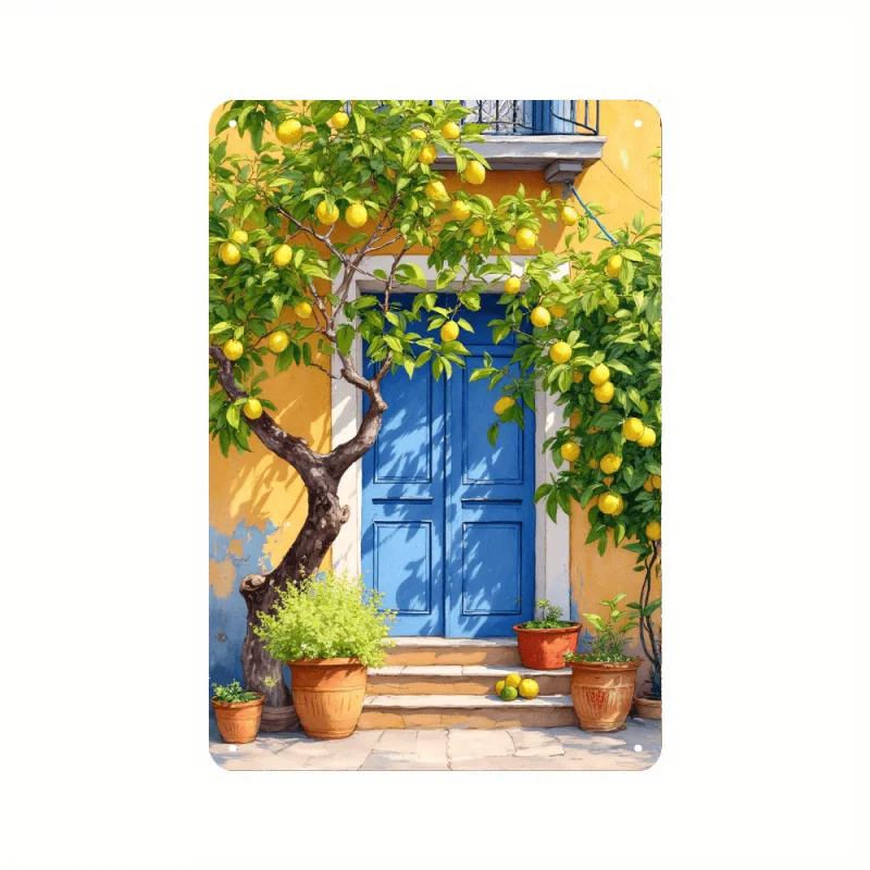 

2DFlat Blue Door Lemon Tree Металлическая настенная художественная вывеска - Ярко-желтый лимонно-синий алюминиевый постер на дверь, Современный стиль фермерского дома Indoo