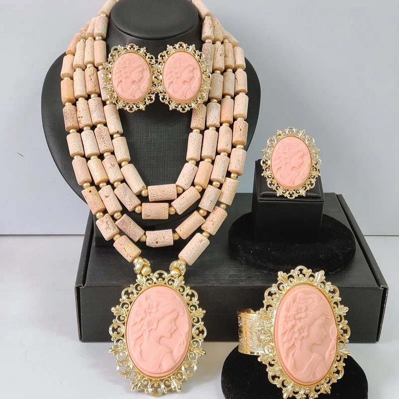 African Wedding Coral Beads Bride Necklace Nigerian Jewelry Set for Woman
