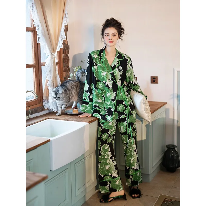 Spring and Summer Underwear Ice Silk Pajamas Women's New loose Long-sleeved Trousers Sweet Loungewear Set Can Be Worn Outside