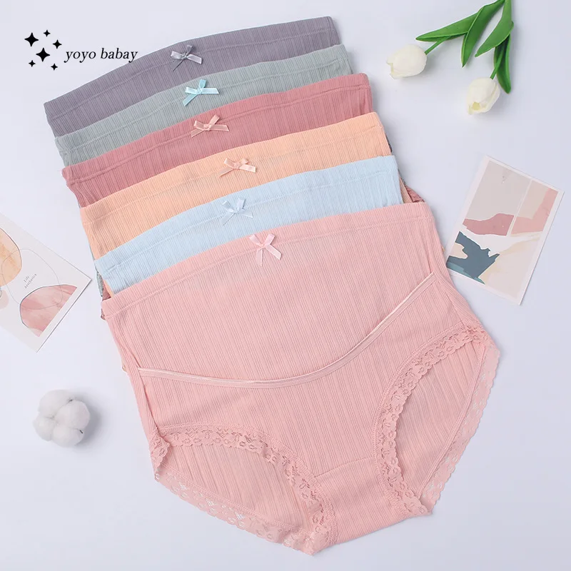 Bragas de maternidad de algodón de encaje para mujeres embarazadas, ropa interior de vientre de cintura alta, talla grande