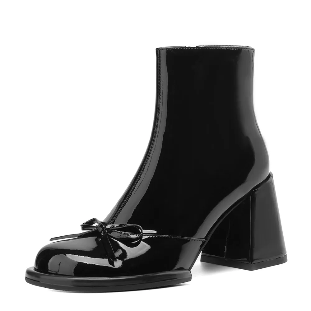 Women Black Patent Leather Ankle Boots Round Toe Bow Decor Block Heel Back Zipper Elegant Ladies Daily Party Short Booties
