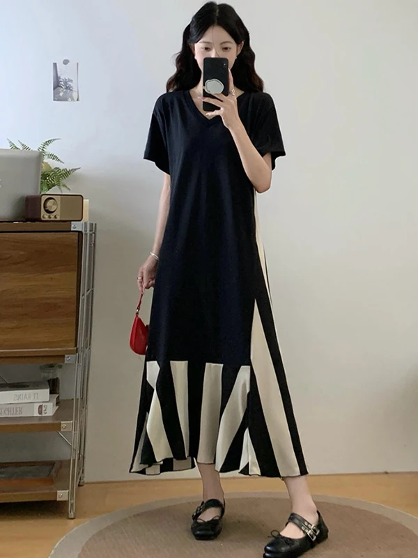 Yokoc grande taille femmes rayé Patchwork T-shirt Dr coréen Sle été minceur longue Dr trajet a-ligne jupe