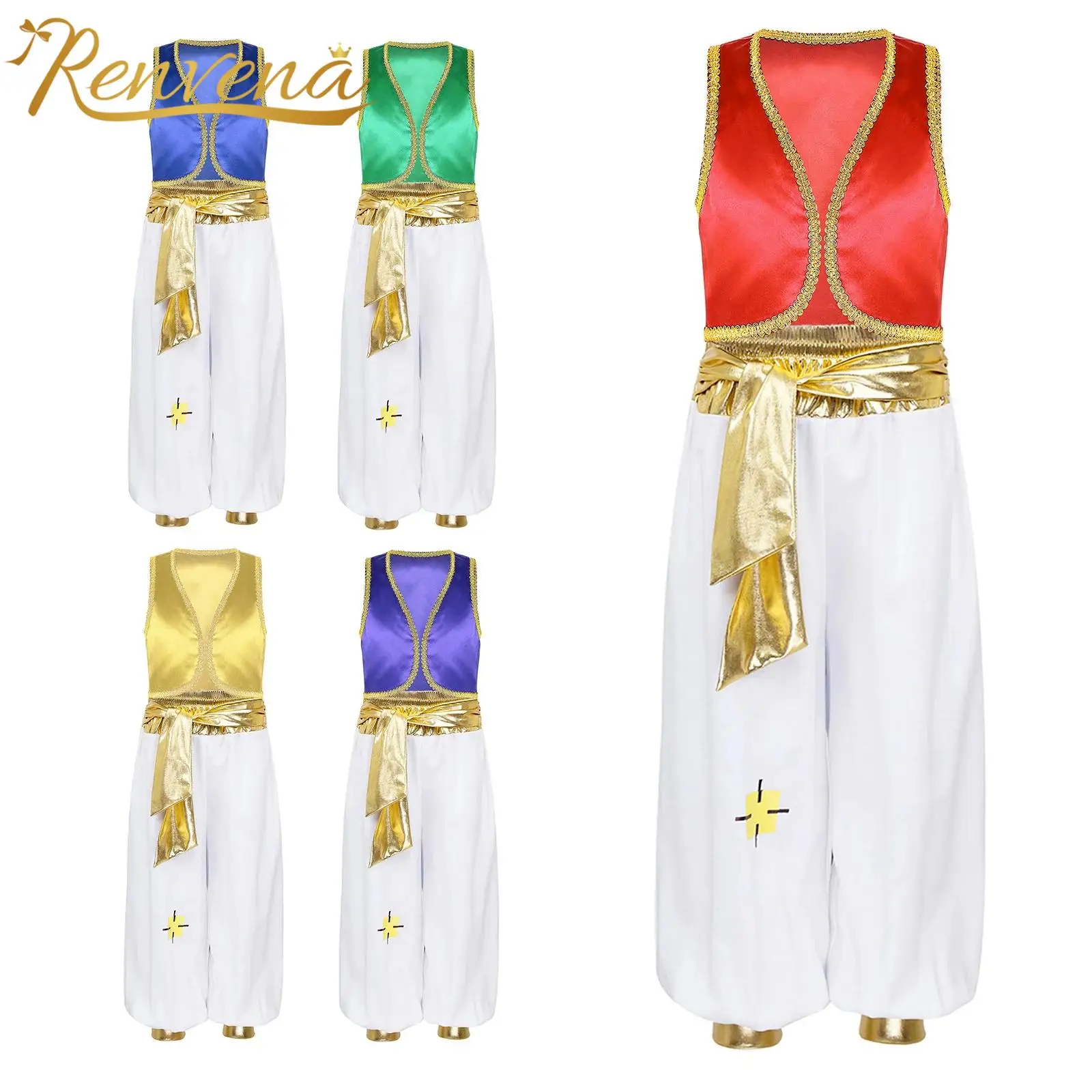 

Kids Boys Halloween Arabian Prince Costume Sleeveless Satin Vest Top with Loose Pants Children's Roleplay Performance Sets