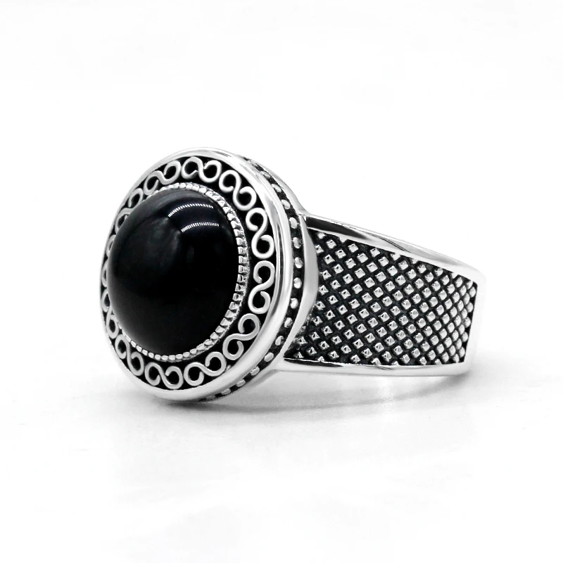 خاتم العقيق الطبيعي للرجال 925 فضة دائري أسود الأحجار الكريمة خمر خاتم المرأة أنيقة Türkiye الفضة والمجوهرات الرائعة