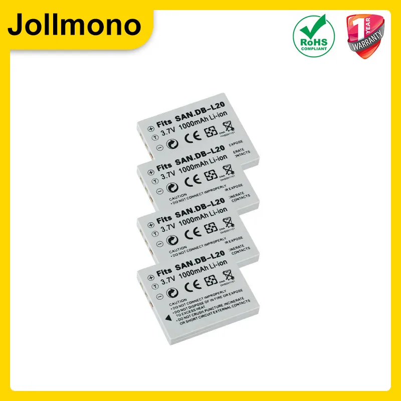 4Pcs DB-L20 DB-L20AU DB-L20A Battery + AC Charger for Sanyo Xacti VPC-C4V CG9 C1 CA6OR CA65 CA8 CA9 CG6 CG65 E1 E2 E6
