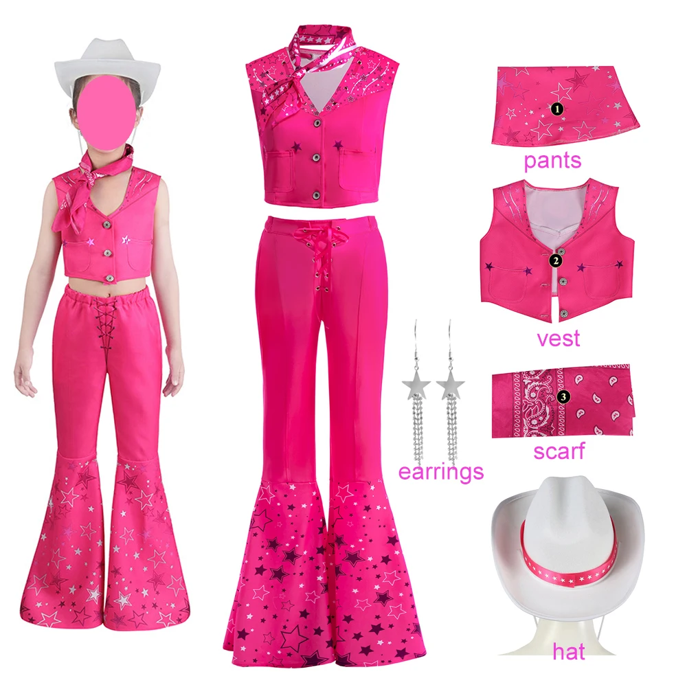 Filme traje barbi para meninas, Halloween Cosplay, chapéu de cowboy, calça vintage queimada, colete extravagante, roupas extravagantes de carnaval, novo