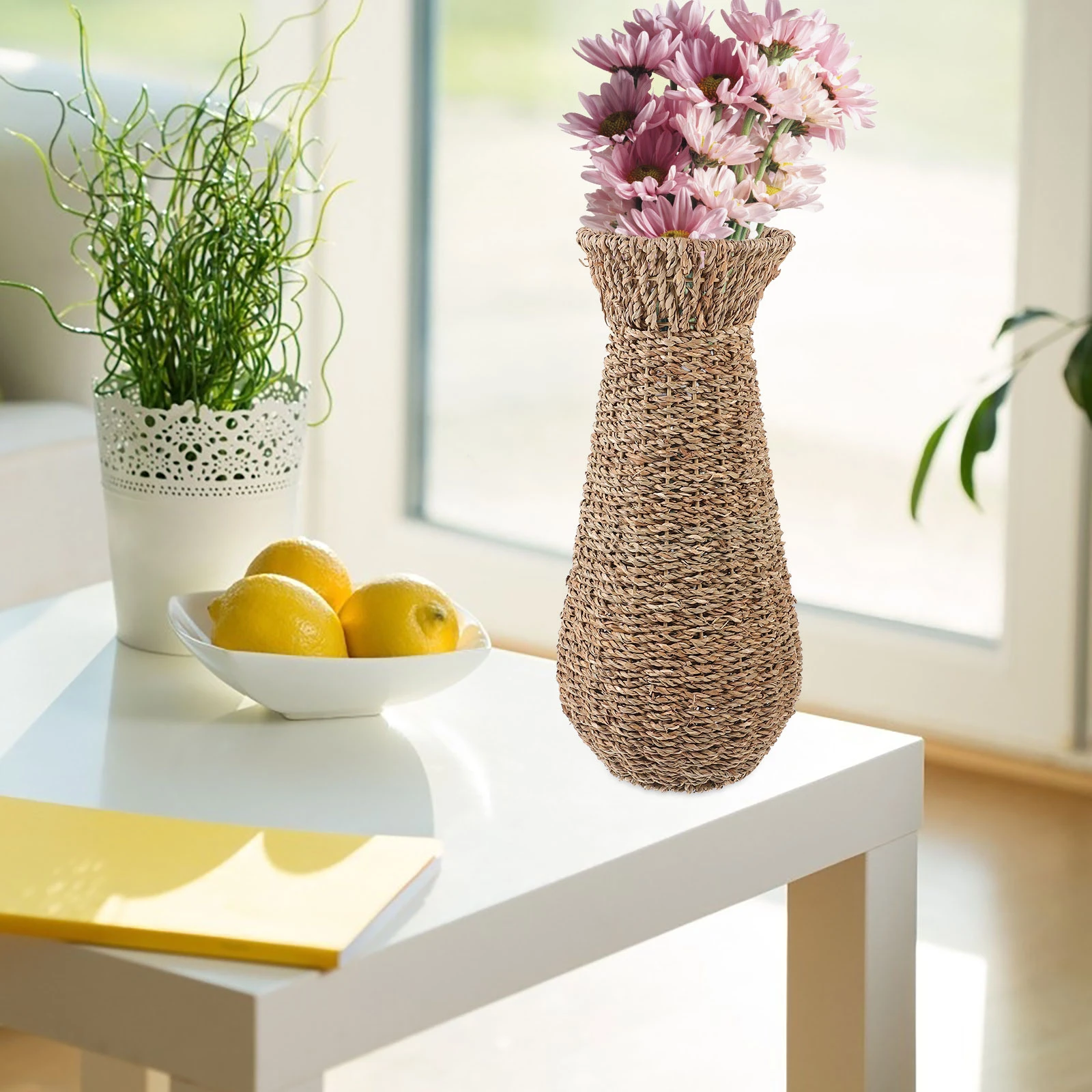 

Floor Vase Large Size Resin Material Smooth Surface Living Room Decoration Woven Design Flower Arrangement Container Straw Style