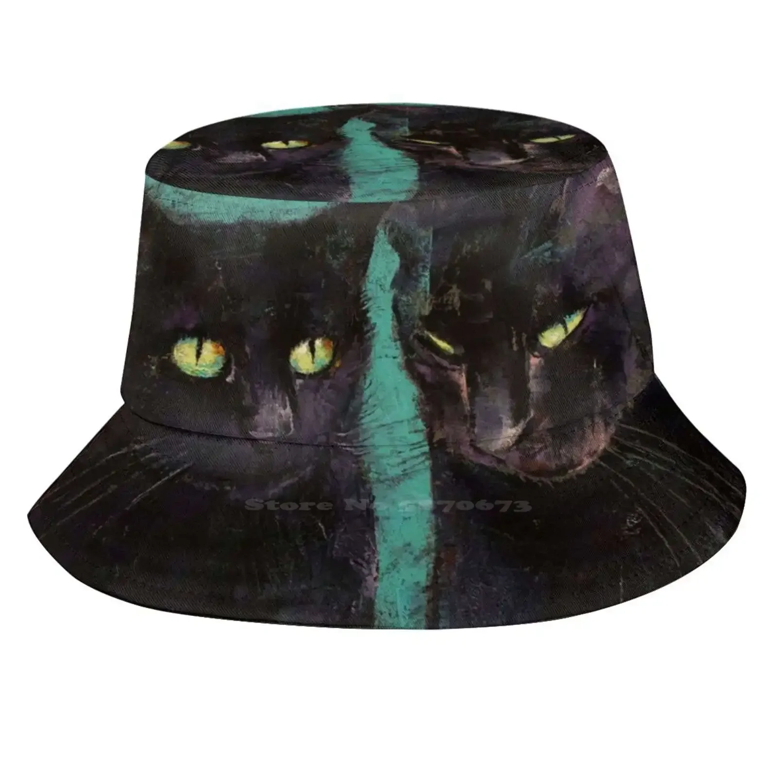 Two Black Cats Bucket Hat Beach Tourism Hats Breathable Sun Cap Abstract Halloween Two Pair Black Cats Schwarze Katze Gato