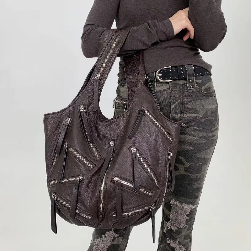 

Темно-коричневая кожаная сумка-хобо с несколькими молниями, вместительная сумка-тоут в стиле панк-рок, готическая сумка через плечо Y2K для женщин