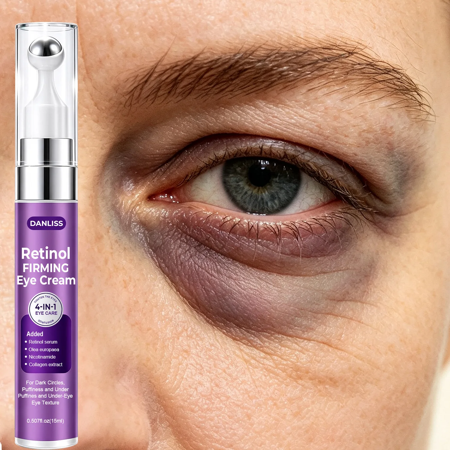 Retinol Firming Eye Cream with Roller Ball - 4-in-1 Brightening & Anti-Aging Solution for Dark Circles, Puffiness & Fine Lines.