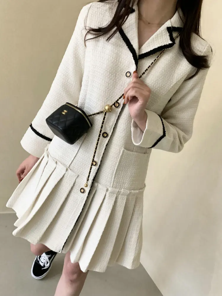 

Ele Long Sve Collar Pleated Skirt Dr Single Button High Waist A-Line Spring Commute Pure Color Lightweight Tweed