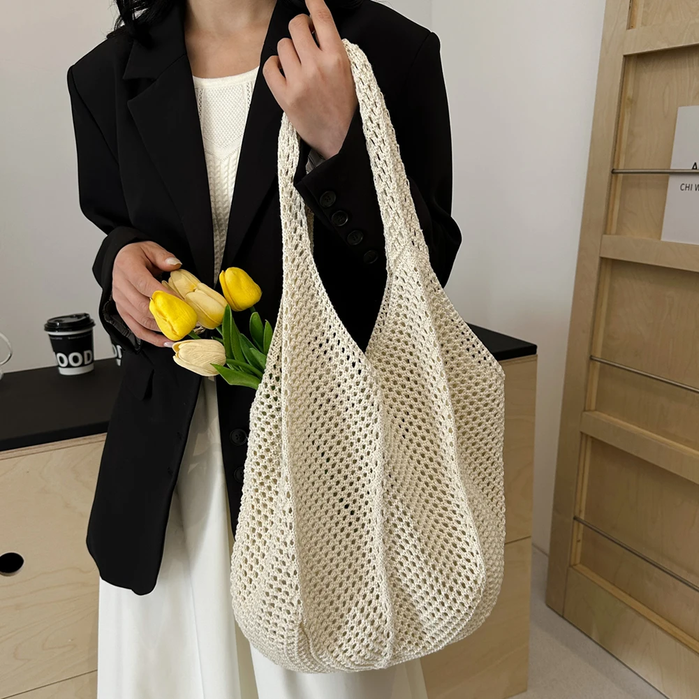 ผู้หญิงโครเชต์ Tote กระเป๋าแฟชั่นถักกระเป๋าขนาดใหญ่ความจุกระเป๋าสะพายสีทึบกระเป๋าถือลําลอง Vintage กระเป๋าวันหยุด
