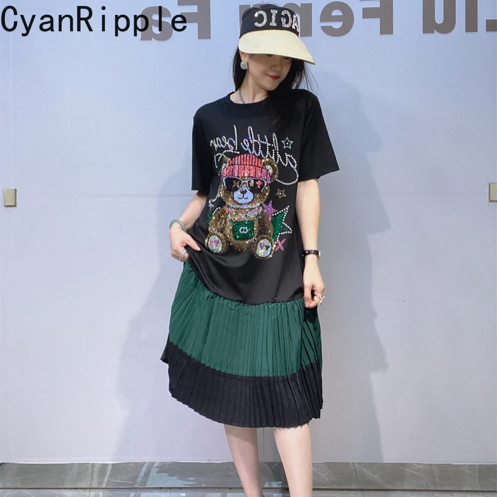 

Colorblock Summer Women Pleated Dress Loose Waist Casual A-line Dress Cute Bear Hot Diamonds Round Neck Mid-long Casual Dresses
