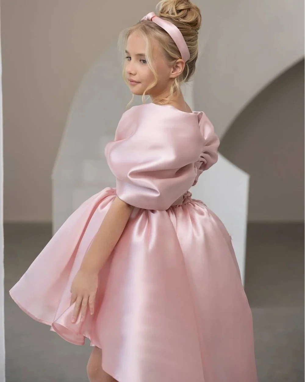 JDY Custom Pink Flower Girl Dress Wedding Satin Bow Off-Shoulder Simple Kids' Birthday Party First Communion Ball Gown