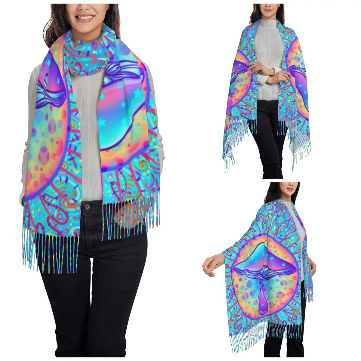 Magic Mushrooms Scarf for Womens Winter Fall Shawl Wrap Psychedelic Hippie Single-sided Pattern Scarves with Tassel Daily Wear