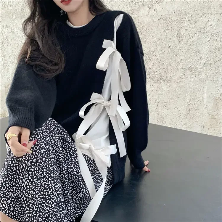 Women Hoody 2021 New Spring Autumn Korean Ladylike Cotton Sweet Full Solid Knit Pullovers O-Neck Bow Small Fresh Girls Top