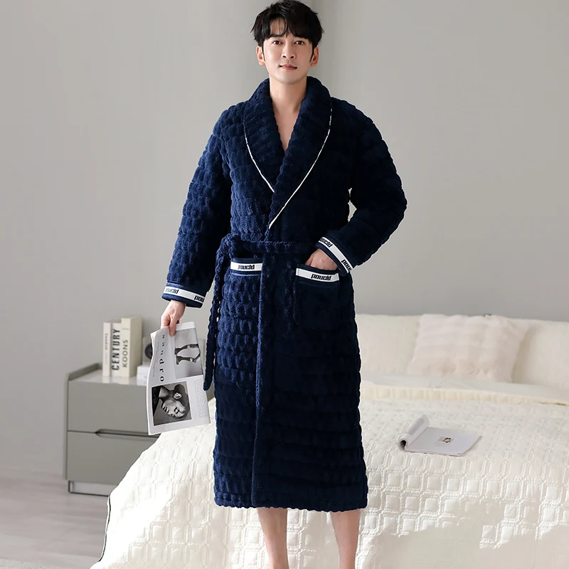 High Quality Big Size M-2XL Men Bath Robe 3 Layer Clip Cotton Bathrobe Male Dressing Gown Pijamas Hombre