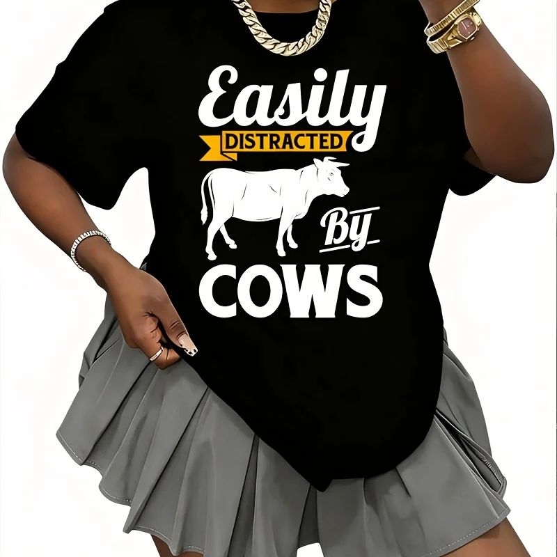 Easily Distracted by Cows - Funny Cow Farmer Women's 100% Cotton T-Shirt Short Sleeve Top Casual Round Neck Fun Print Tee S-5Xl