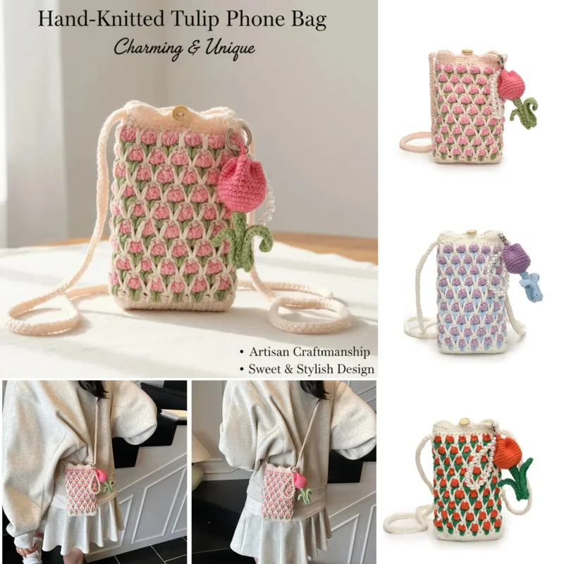 Handmade Backpacks Crochet Tulip Crossbody Bag Pink Knitted Phone Bag Mini Shoulder Purse For Women Birthday Tote Bag Gift New