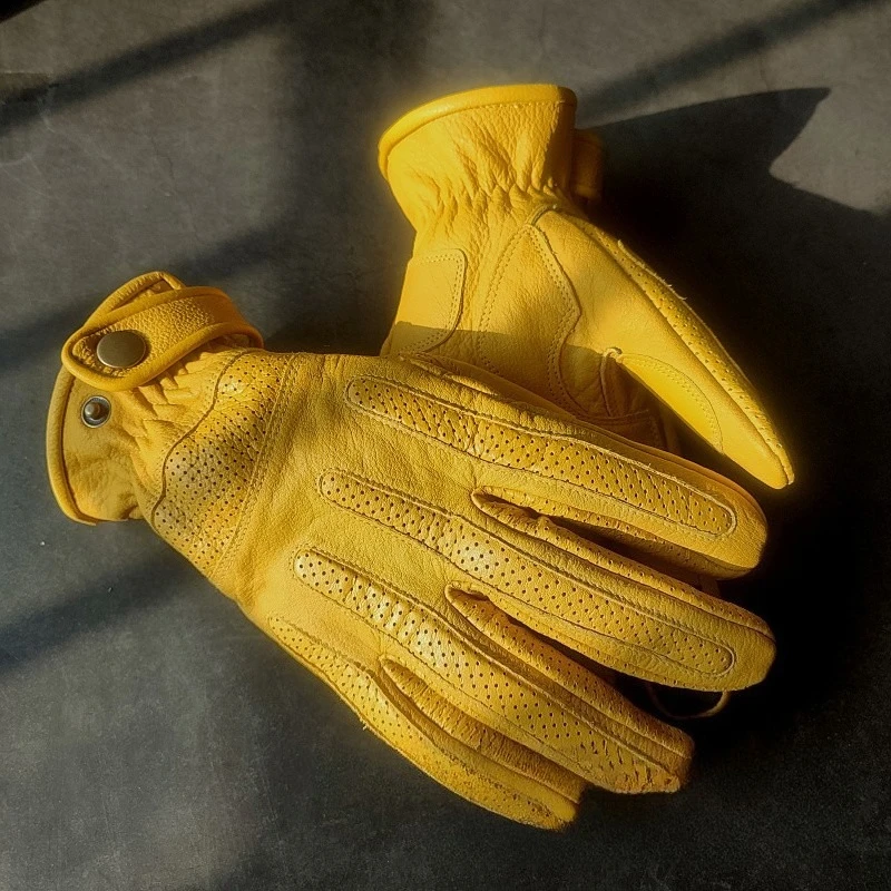 

The First Layer of Cowhide Men's Motorcycle Retro Four-season Gloves, Leather Thin Breathable Protective Rider Outdoor Riding