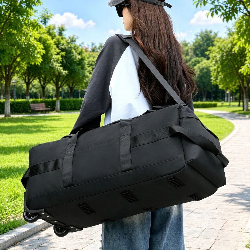 90L Wheeled Travel Duffel Convertible Rolling Backpack with Hidden Straps Foldable Design Water Resistant for Crossbody Carry