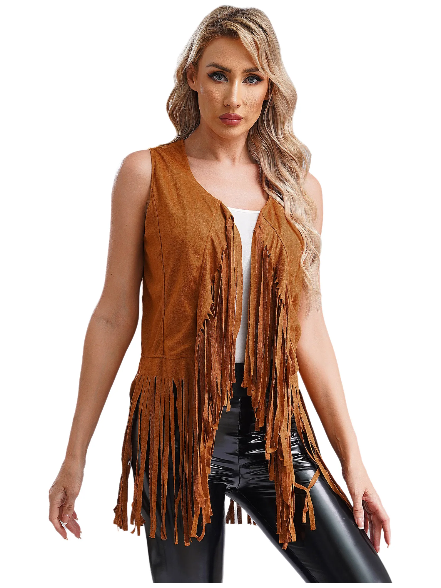 Women Vintage Gothic Western Cowgirl Fringe Vest Tops Cowboy Shirt Waistcoat Sleeveless Tassels Cardigan Jackets Cowboy Cosplay