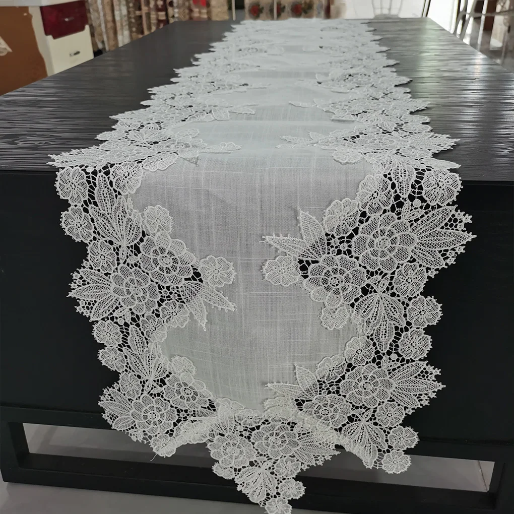 ple Long Table Runner White Lace Tablecloth Mesh Fabric Dining Dust Cover Exquisite Kitchen Gatherings Decoration