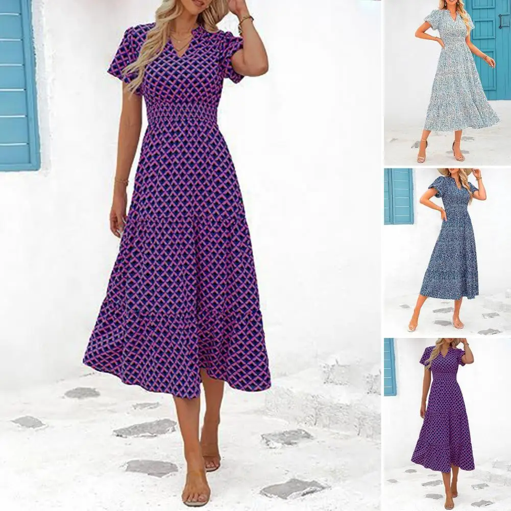 Vestido midi com estampa floral com decote em v feminino, estilo swing linha A com mangas bolha, cintura alta, meio da panturrilha, trajeto, férias