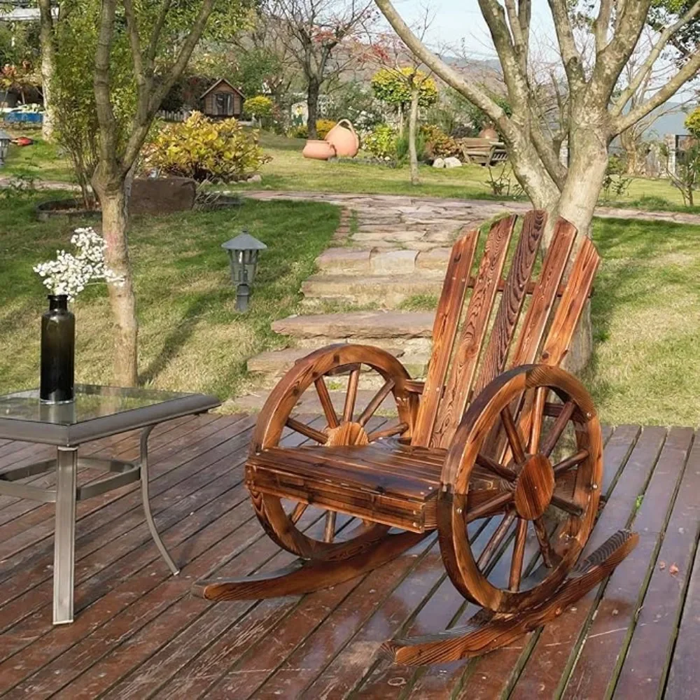 Outdoor Wood Rocking Chair, Patio Decor Yard Glider Rocking Chairs with Slatted Design, Adirondack Rocking Chair （2PC）