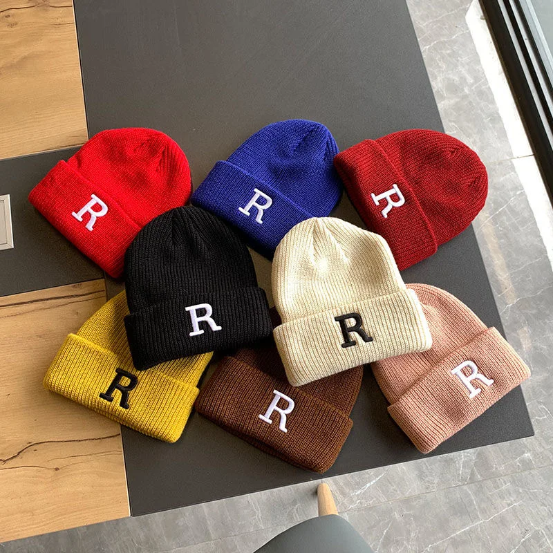 

Children's pullover hat double-layer woolen hat autumn and winter children's knitted hat R letter popular windproof hat ins fash