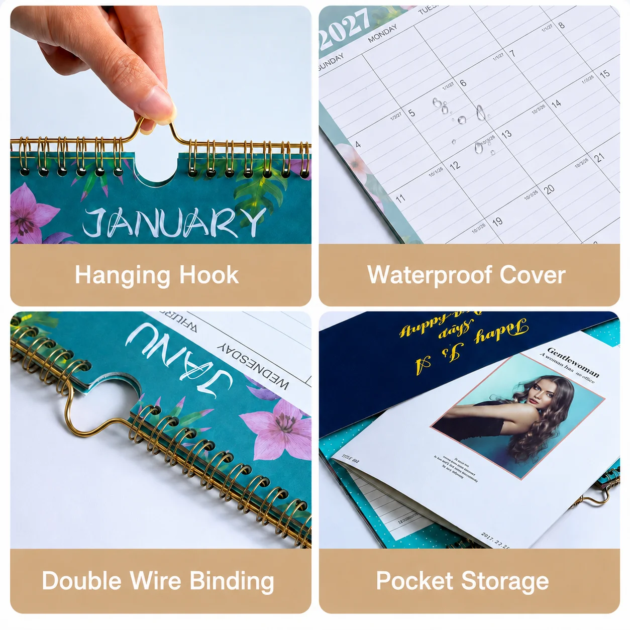 2027 Floral Wall Calendar, Monthly Hanging Planner with Back Pocket, Waterproof Cover Wire Binding Organizer for Home Office