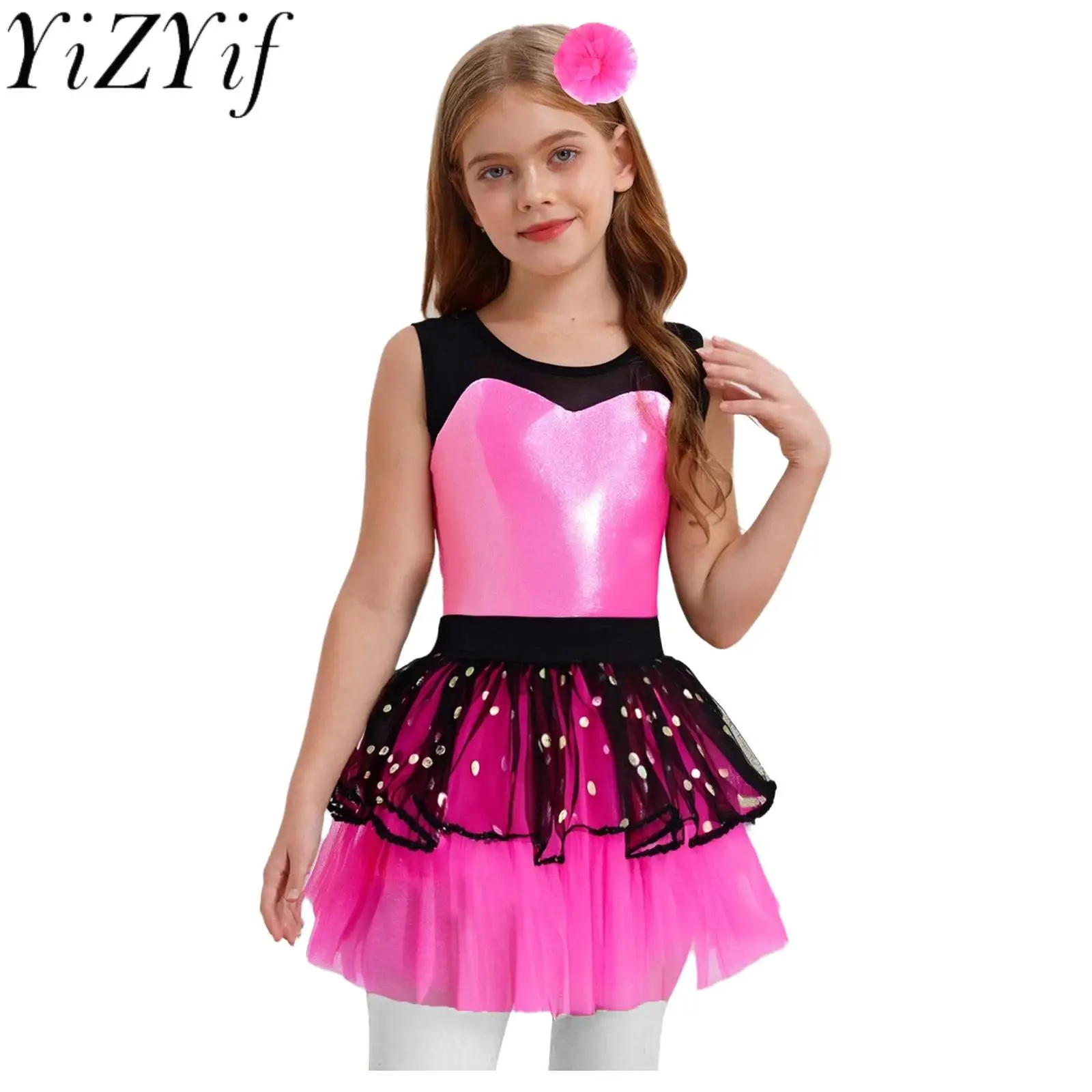 

Kids Girls Metallic Bodice Tutu Ballet Dance Dress with Headwear for Children Day Birthday Dance Party Stage Performance Dress