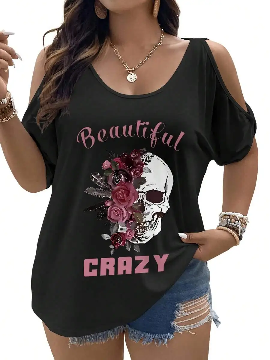 

Plus Size Off-Shoulder Oversized Top With Skull And Roses Print Casual Women Tee