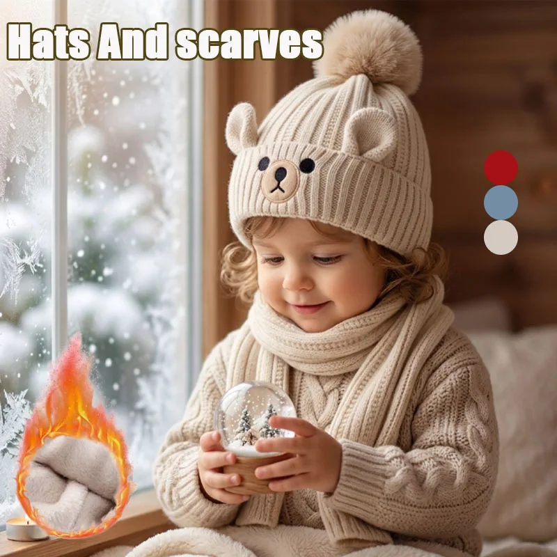 1-4PCS Toddler Winter Hat and Scarf Combo Cute Knit Beanie with Pom Pom and Scarf for Infant Boys Girls Outdoor