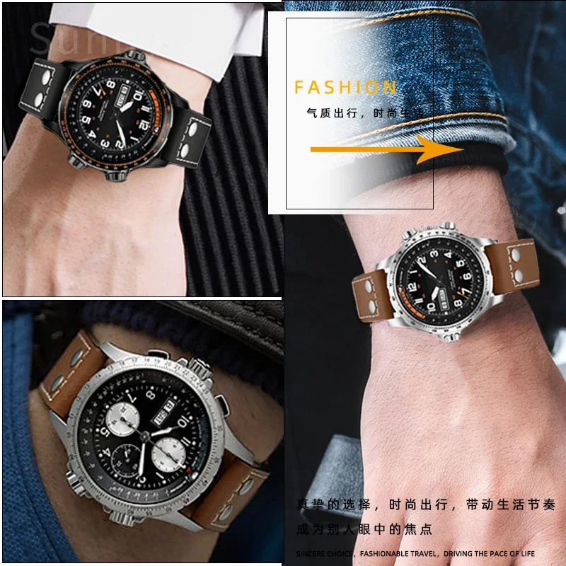 ل هاميلتون جاز كاكي مجال الطيران الرجال حزام ساعة جلد طبيعي 20 22 مللي متر المضادة للحساسية ثقب مزدوج تنفس الساعات